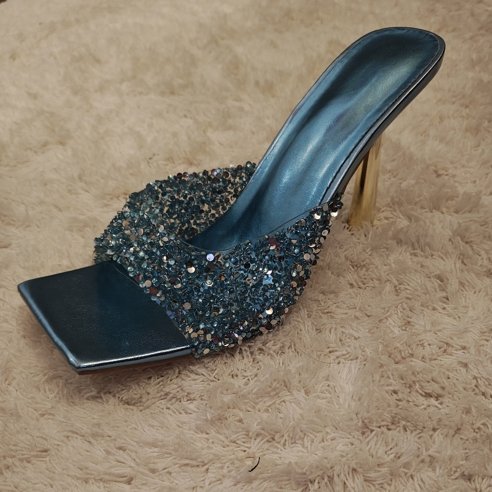 Elegant Blue Square Toe Rhinestone Heels with Gold Accents
